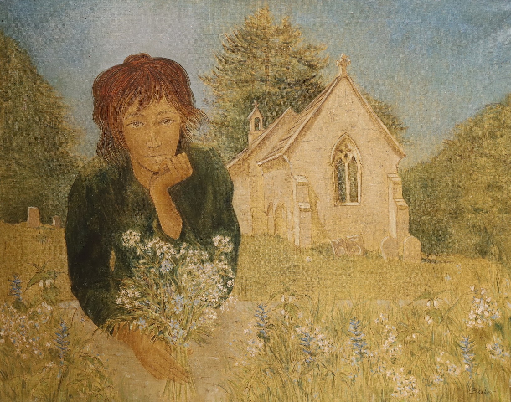Michael Blaker (1928-2018) - Girl in a churchyard, oil on canvas, signed, unframed, 63 x 79.5cm